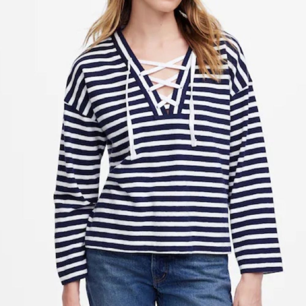 Madewell Navy‎ Stripe Lace-Up Long Sleeve Tee NWT Large
